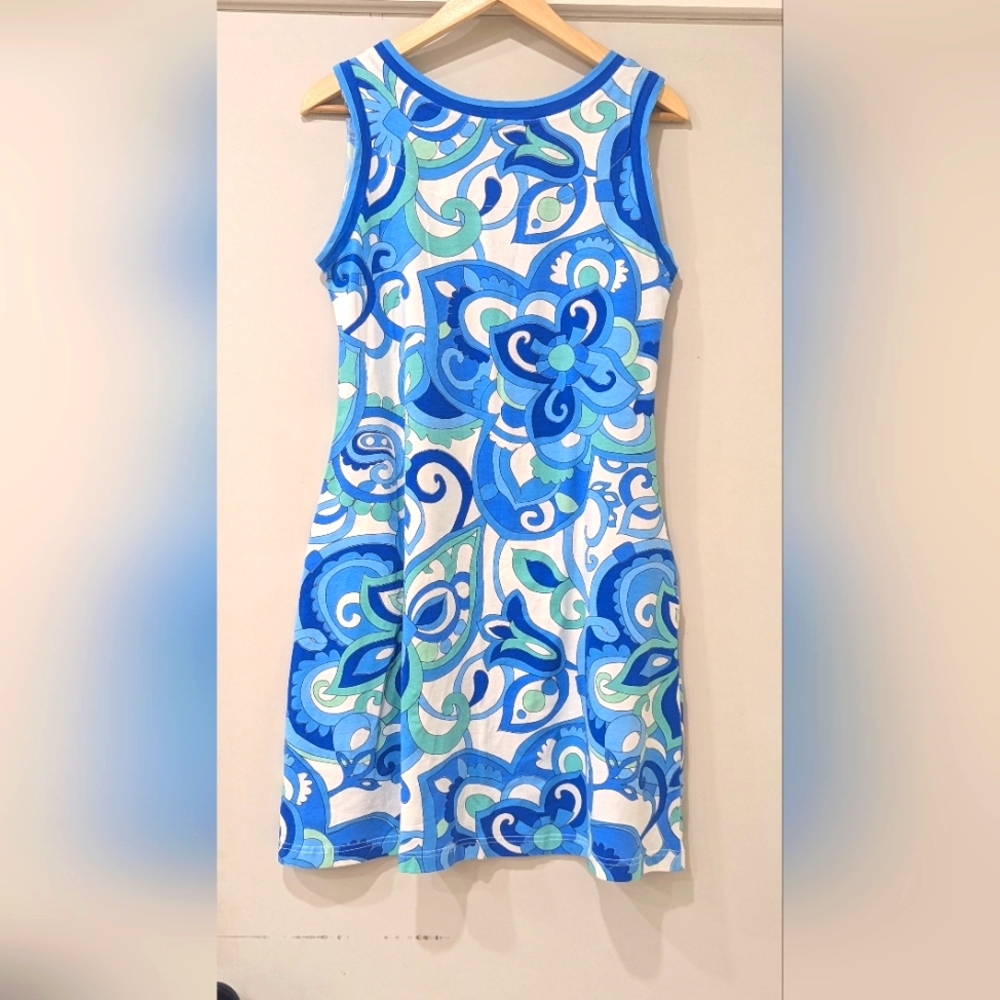 Barbara Gerwit Dress White Blue Green Paisley Sleeveless Dress With Pockets Sz-M - Picture 3 of 3